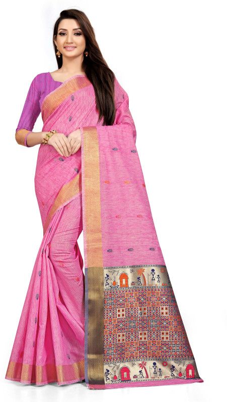 Woven Madhubani Cotton Linen Saree  (Pink)