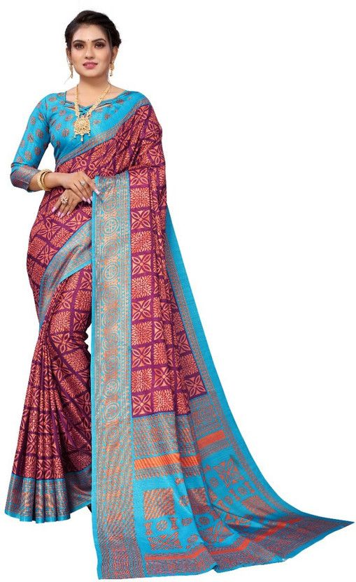 Printed, Geometric Print Banarasi Art Silk Saree  (Purple, Blue)