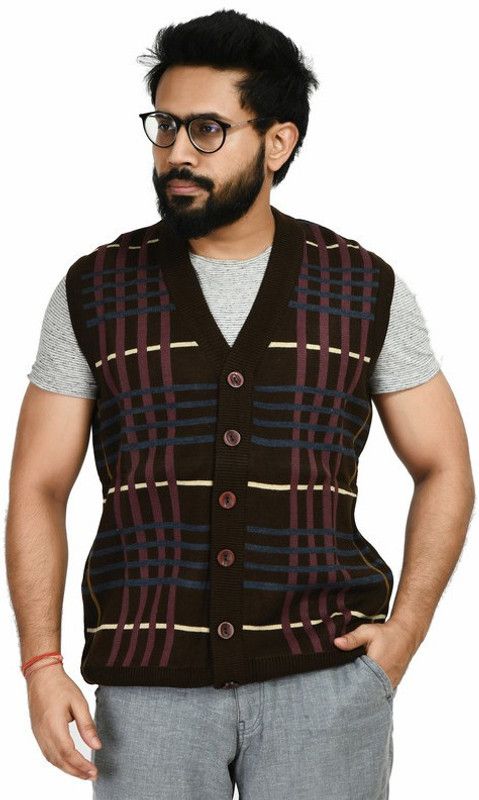 Men Checkered V Neck Brown Sweater