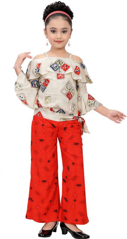Girls Party(Festive) Top Pant  (Red)