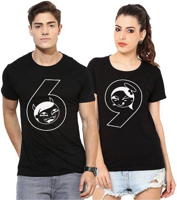 Pack of 2 Couple Animal Print Round Neck Cotton Blend Black T-Shirt