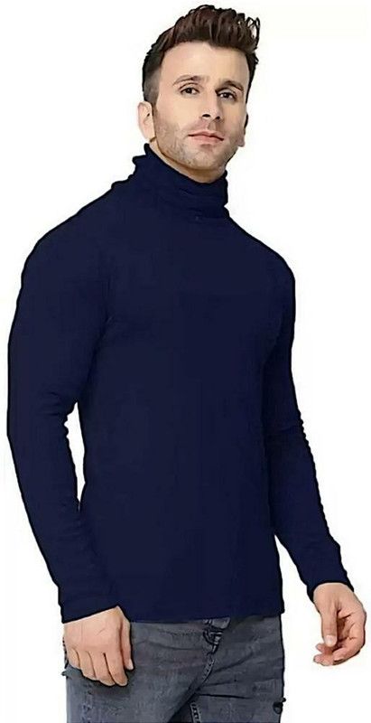 Men Solid High Neck Pure Cotton Navy Blue T-Shirt