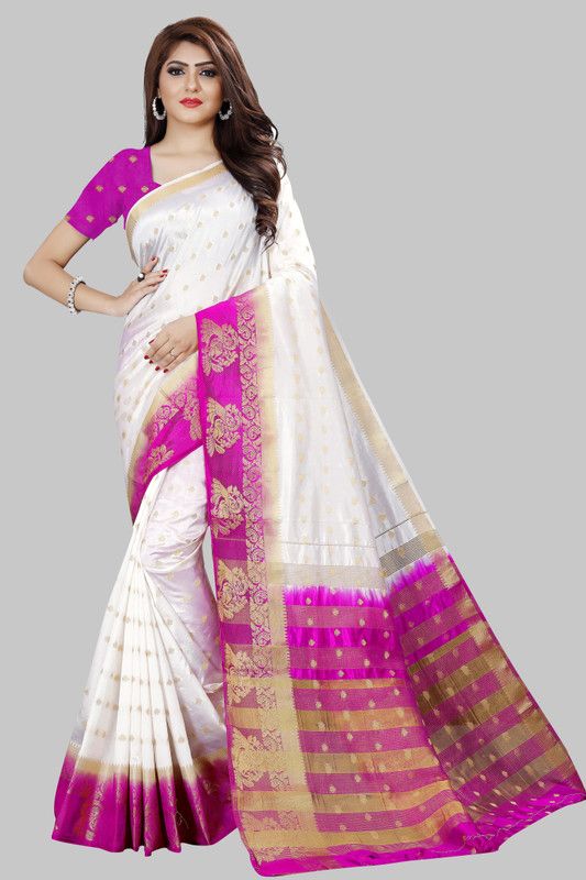 Self Design Banarasi Nylon Saree  (White)