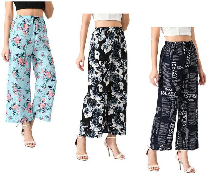 Pack of 3 Women Regular Fit Blue, Black, Dark Blue Crepe Trousers