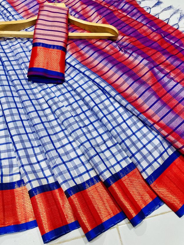 Checkered Daily Wear Pure Silk Saree  (White)