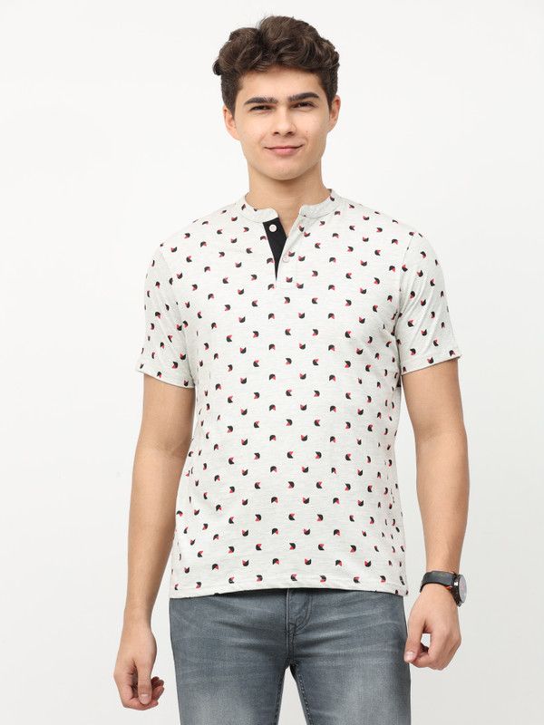 Men Printed Mandarin Collar Pure Cotton Beige T-Shirt