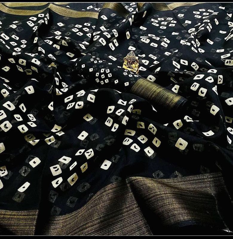 Bandhani Cotton Silk Saree  (Black)