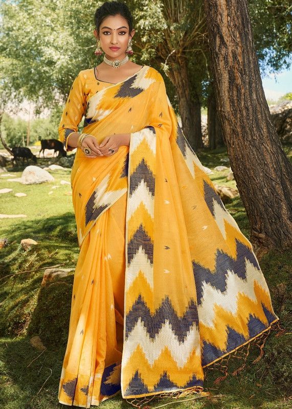 Woven, Floral Print Bollywood Cotton Blend Saree  (Yellow)