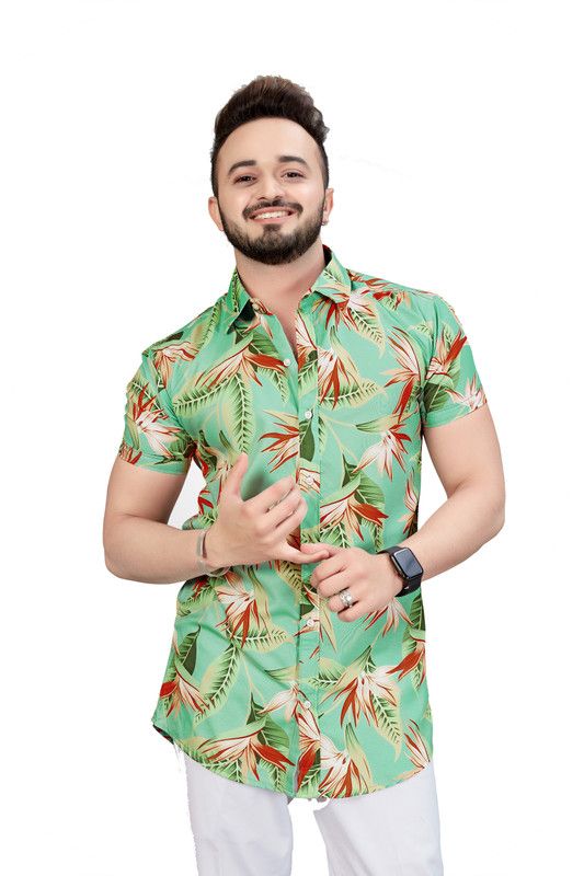 Men Floral Print Casual Light Green Shirt