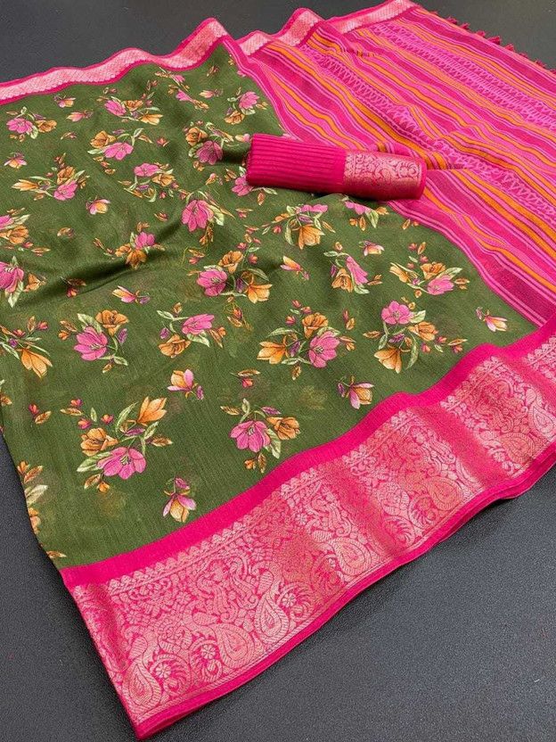 Floral Print Maheshwari Linen Saree  (Grey)