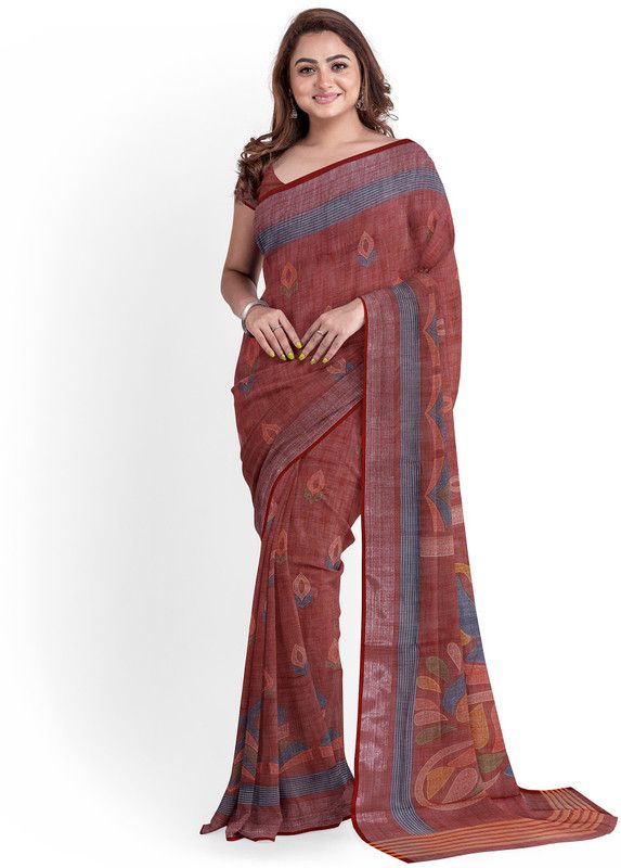 Woven Daily Wear Linen Saree  (Brown)