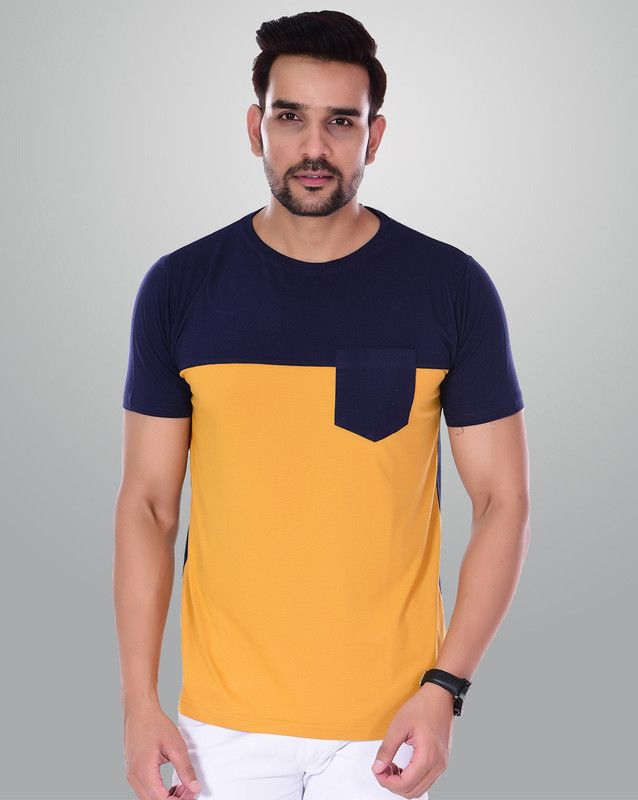 Men Colorblock Round Neck Pure Cotton Blue, Yellow T-Shirt