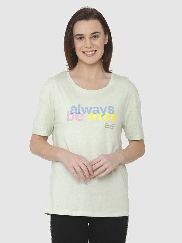 Green Printed Crew Neck T-Shirt Women Typography Round Neck Cotton Blend Light Green T-Shirt