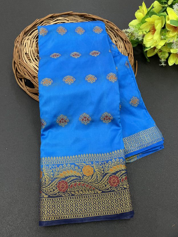 Woven Banarasi Jacquard, Cotton Silk Saree  (Silver, Light Blue, Gold, Pink)