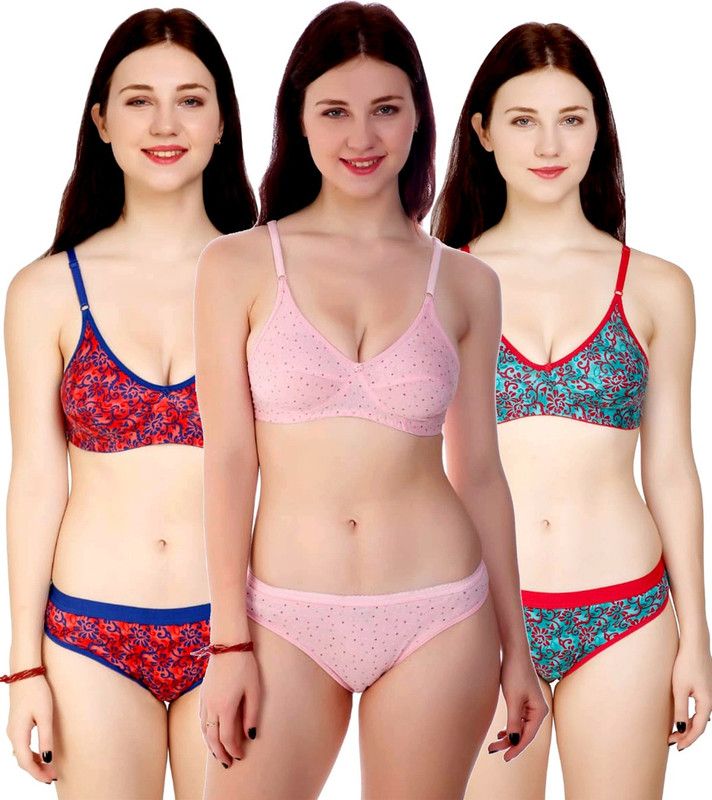 Bra & Panty Set Embroidered Red, Green, Pink Lingerie Set