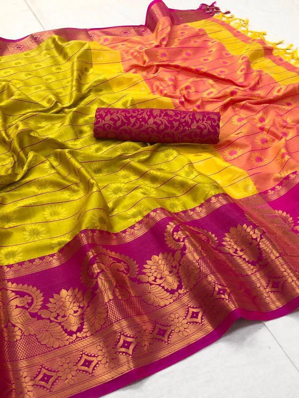 Banarasi Cotton Silk Saree  (Yellow, Pink)