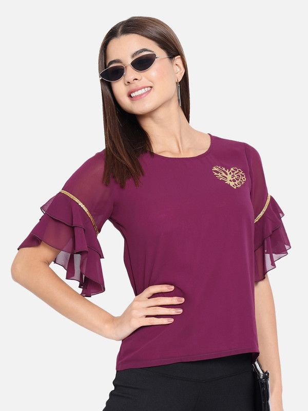 Casual Ruffled Sleeves Embellished Women Purple Top