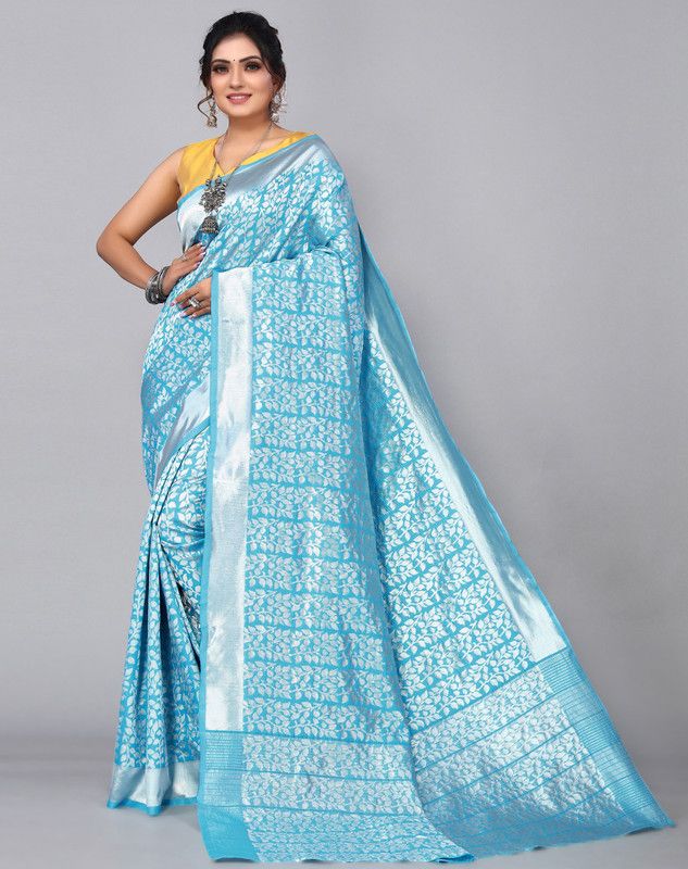 Geometric Print, Temple Border Banarasi Silk Blend Saree  (Blue)