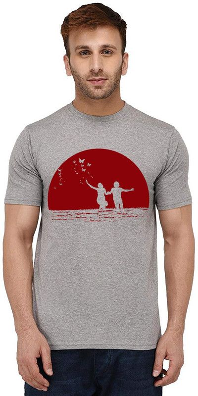 Kid Sunset Lovers Men Printed Round Neck Pure Cotton Grey T-Shirt