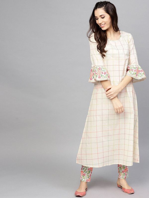 Women Checkered Pure Cotton Straight Kurta  (White)