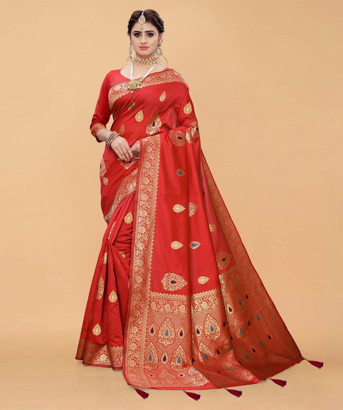 Self Design, Woven, Embellished Banarasi Jacquard Saree  (Red)