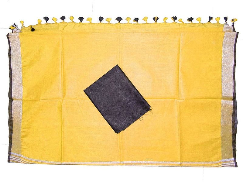 Striped Bhagalpuri Handloom Cotton Linen Saree  (Yellow)