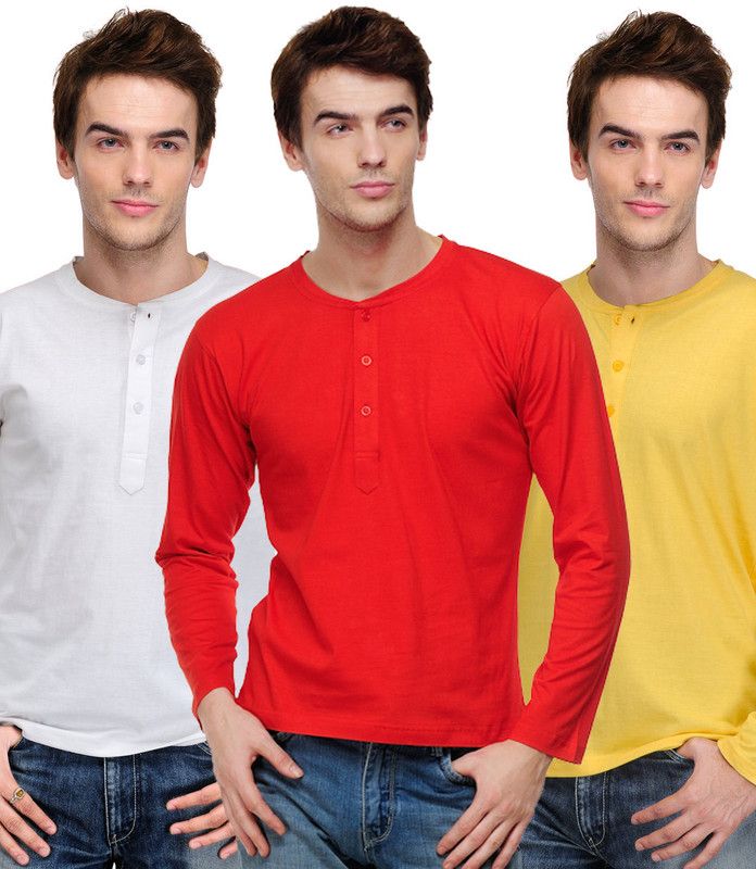 Pack of 3 Men Solid Henley Neck Cotton Blend Red, White, Yellow T-Shirt