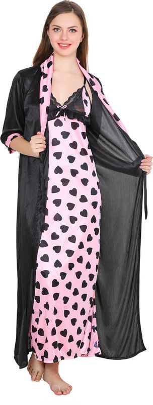 Women Nighty with Robe  (Pink, Black)