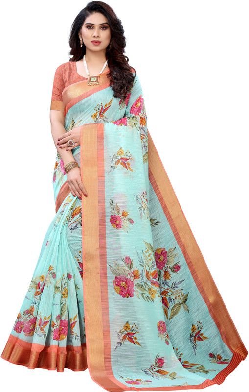 Printed Daily Wear Cotton Linen Saree  (Light Blue)