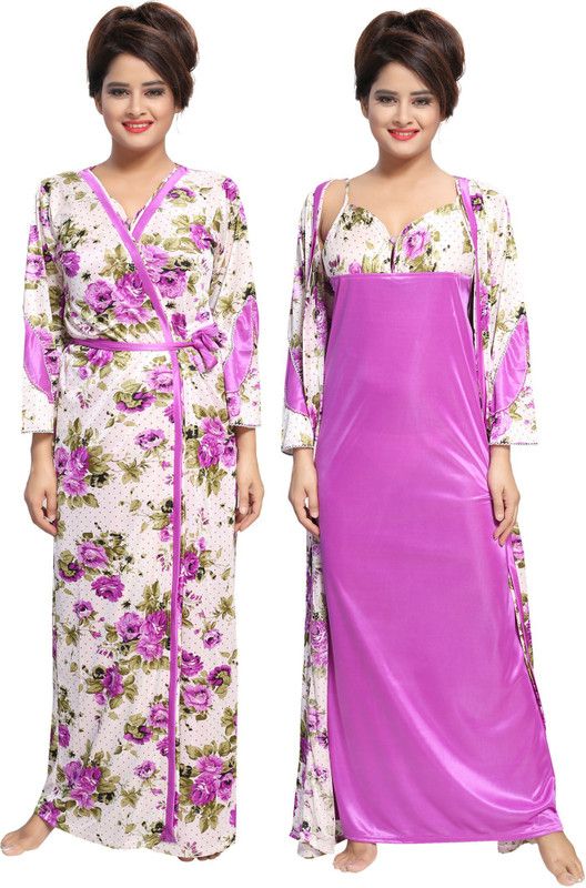 Pack of 2 Women Nighty  (Purple, White)