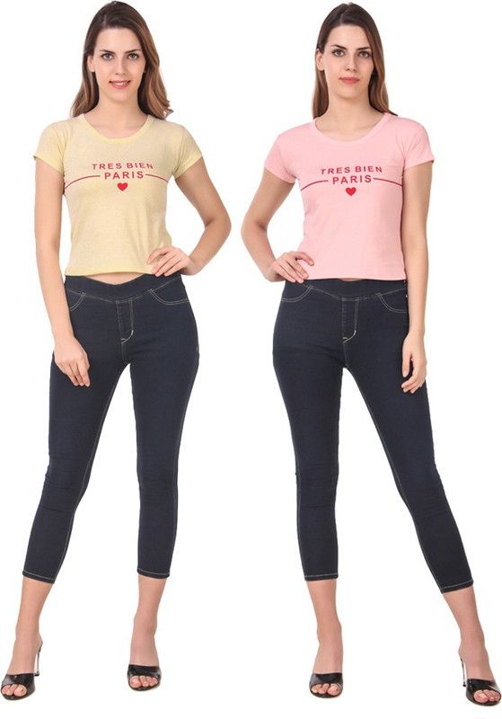 Pack of 2 Casual Regular Sleeves Printed Women Pink, Beige Top