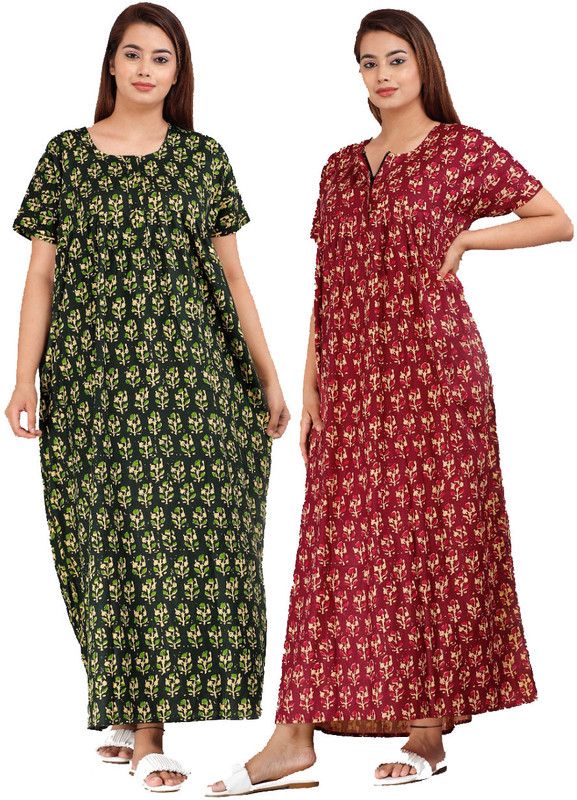 Pack of 2 Women Nighty  (Green, Pink)