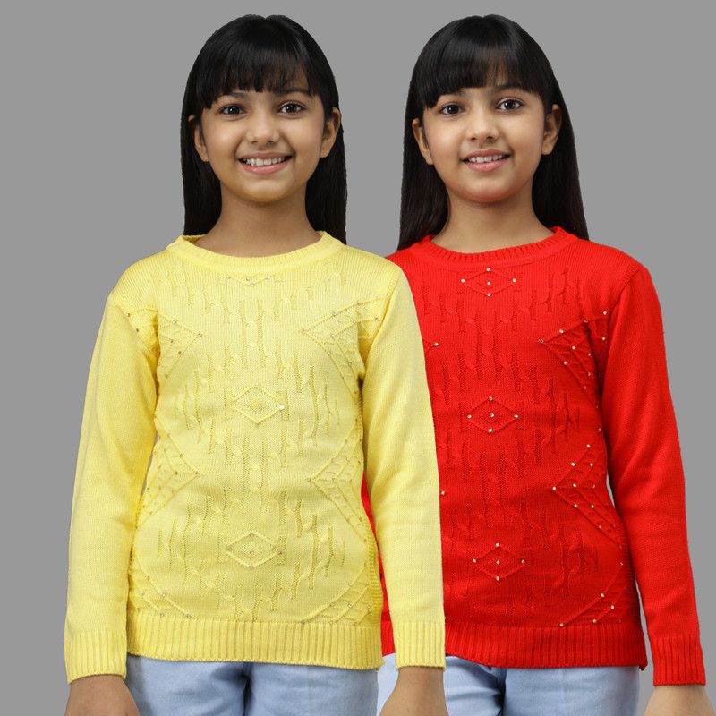 Girls Self Design Round Neck Red Sweater