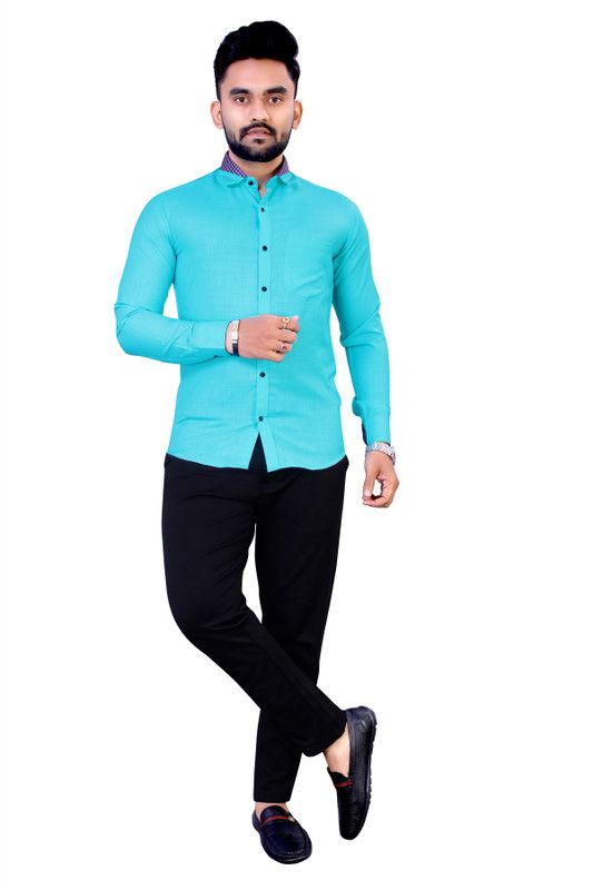 Men Self Design Casual Blue Shirt