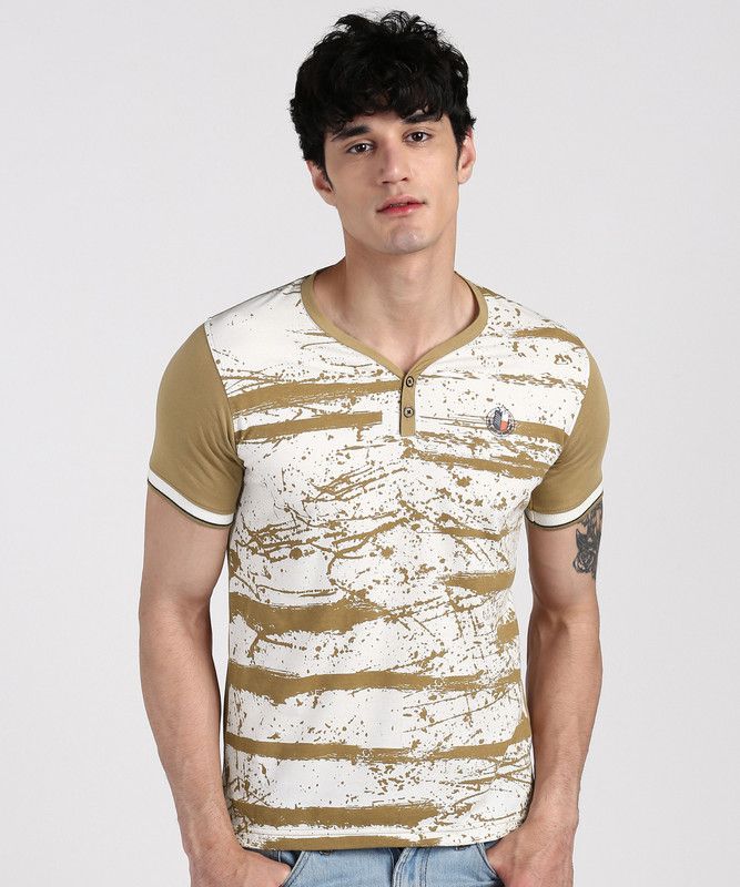 Men Printed Henley Neck Cotton Blend Brown T-Shirt