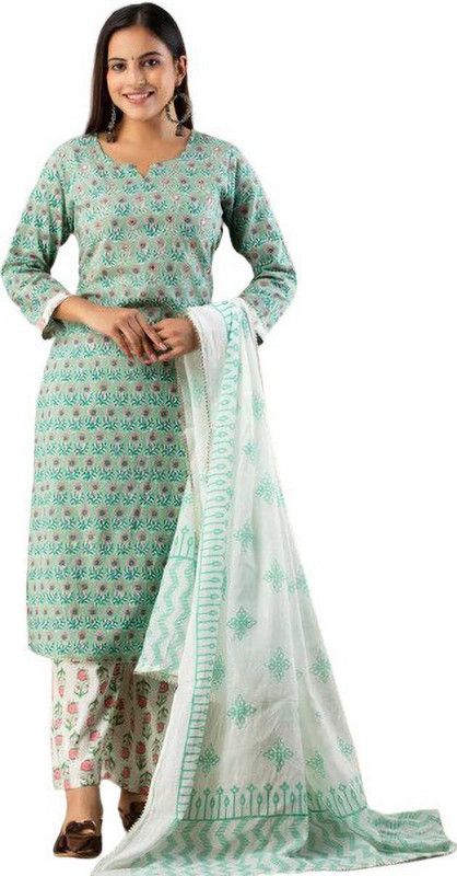 Women Printed Pure Cotton Straight Kurta With Attached Dupatta  (Green)