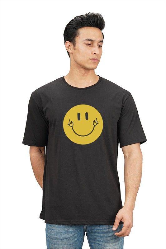 Smiley Men Printed Round Neck Pure Cotton Black T-Shirt