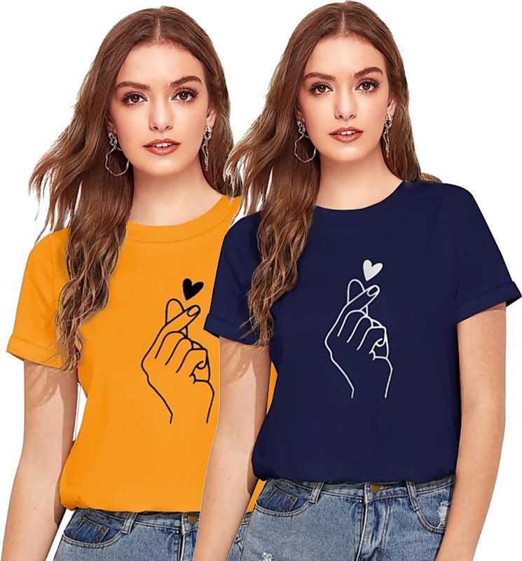 Pack of 2 Women Graphic Print Round Neck Cotton Blend Blue, Yellow T-Shirt