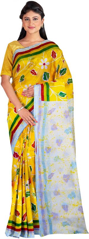 Printed Jamdani Viscose Rayon Saree  (Yellow)