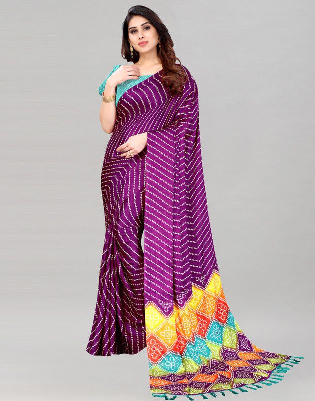 Printed, Geometric Print, Embellished Bandhani Silk Blend Saree  (Purple)