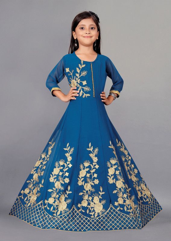 Girls Maxi/Full Length Festive/Wedding Dress  (Blue, 3/4 Sleeve)