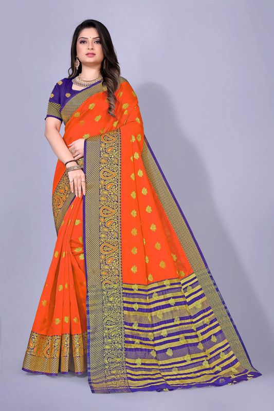 Self Design, Temple Border, Embroidered, Woven, Dyed, Checkered Kanjivaram Cotton Blend, Cotton Silk Saree  (Orange)
