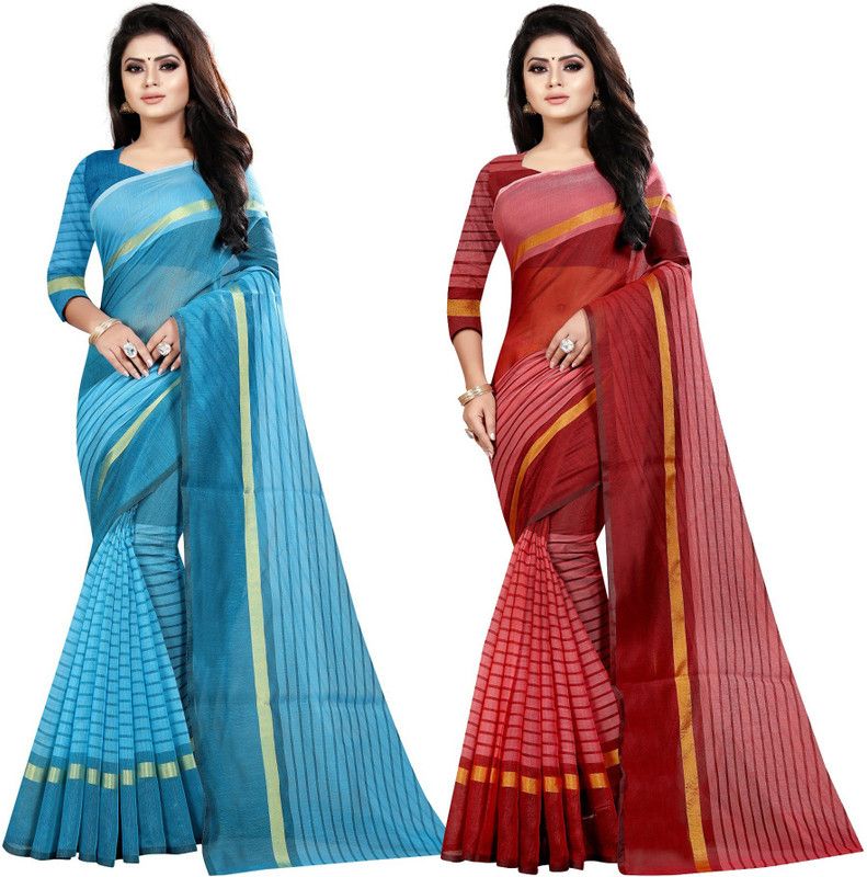 Striped Guntur Cotton Silk Saree  (Pack of 2, Light Blue, Maroon)