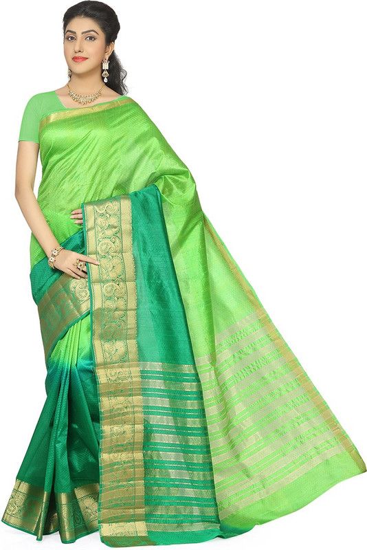 Self Design Bollywood Tussar Silk Saree  (Green, Light Green)