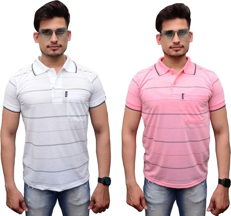 Striped Men White, Pink T-Shirt  (Pack of 2)