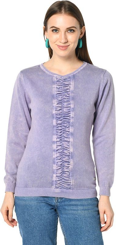 Women Self Design Round Neck Purple Sweater