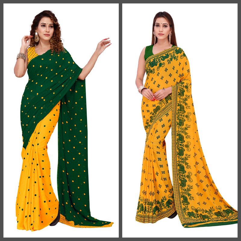Polka Print, Animal Print Daily Wear Georgette Saree  (Green, Yellow)