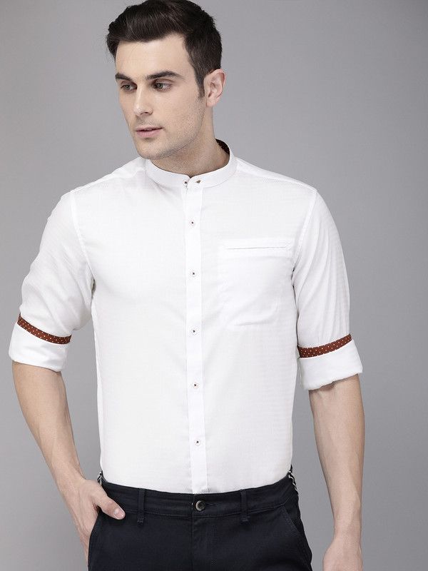 Men Slim Fit Self Design Mandarin Collar Formal Shirt