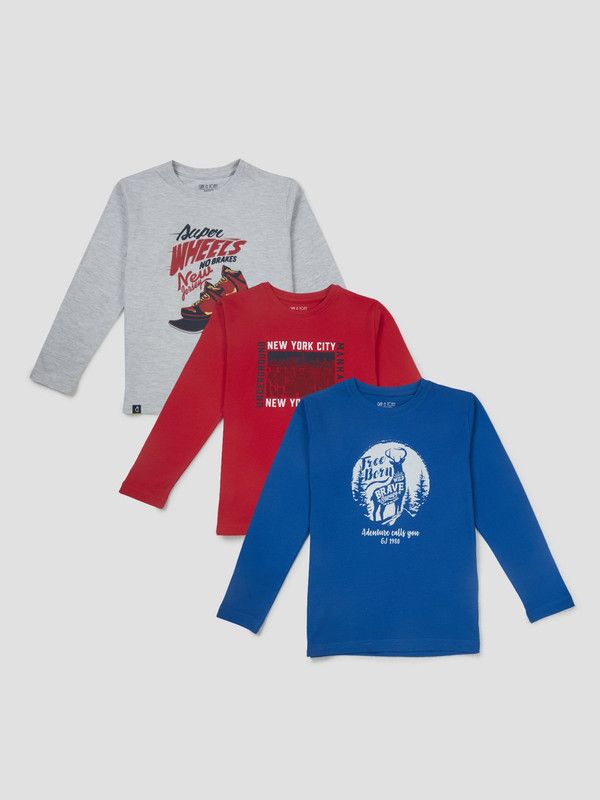 Boys Printed Cotton Blend T Shirt  (Blue, Pack of 3)