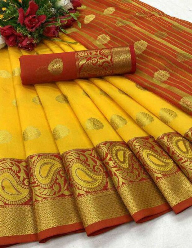 Woven Banarasi Art Silk Saree  (Red, Yellow)